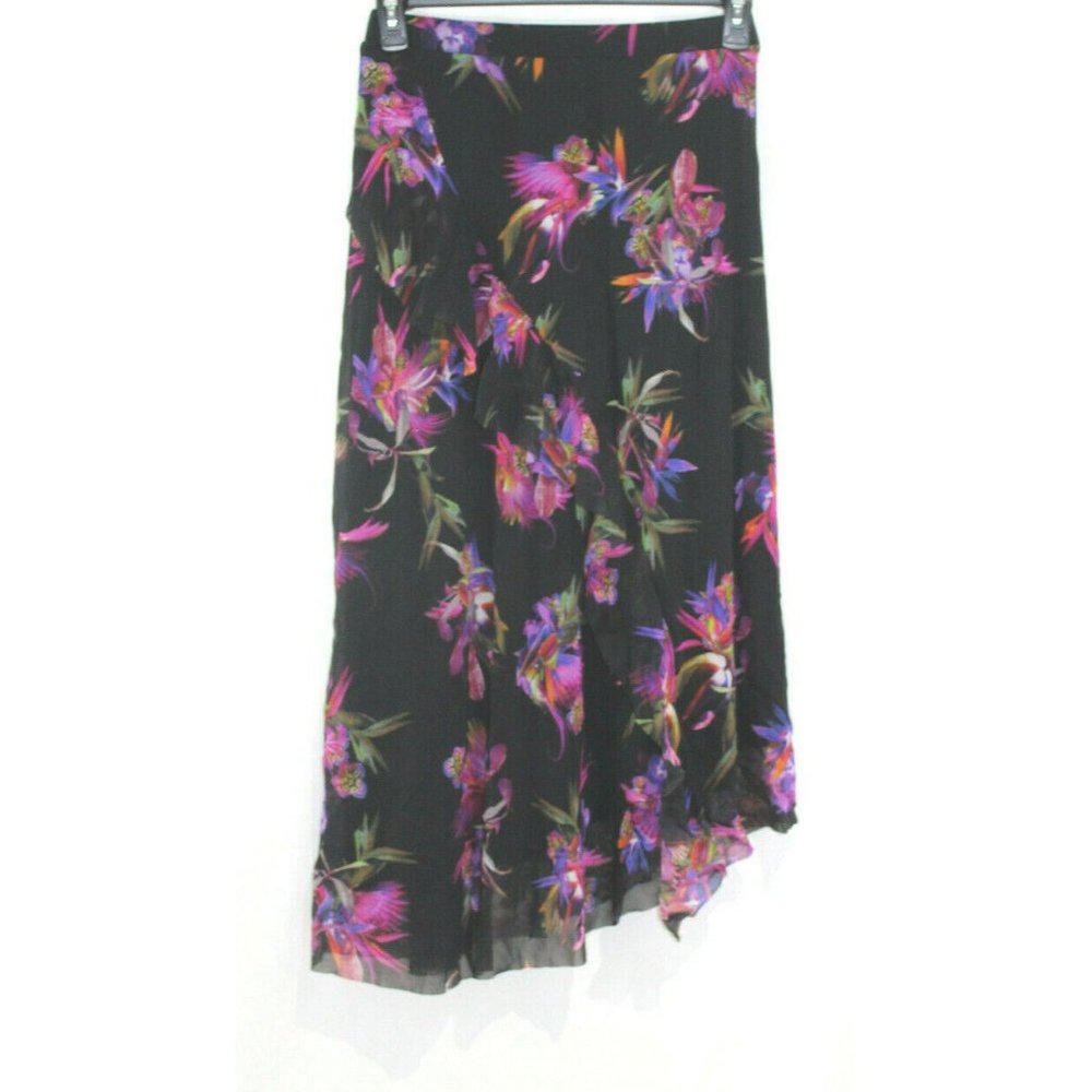 NWT FUZZI $450 Womens Multicolor Floral Asymmetrical Mesh Ruffle Midi Skirt L‎